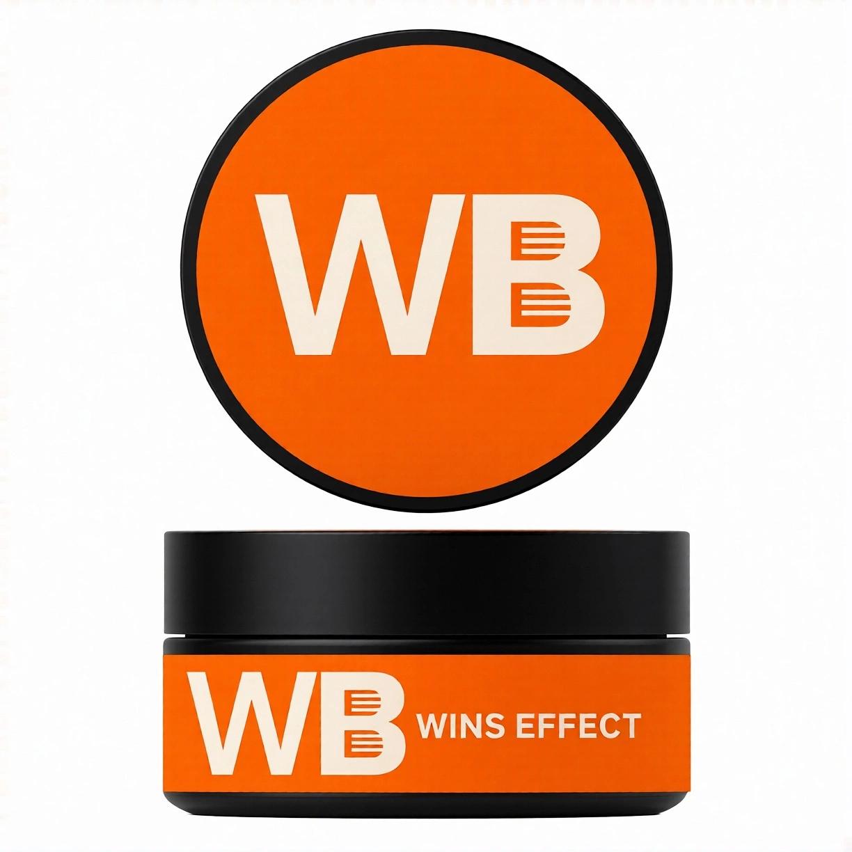 WinsEffect matte clay pomade jar — black jar with orange WB label, $10